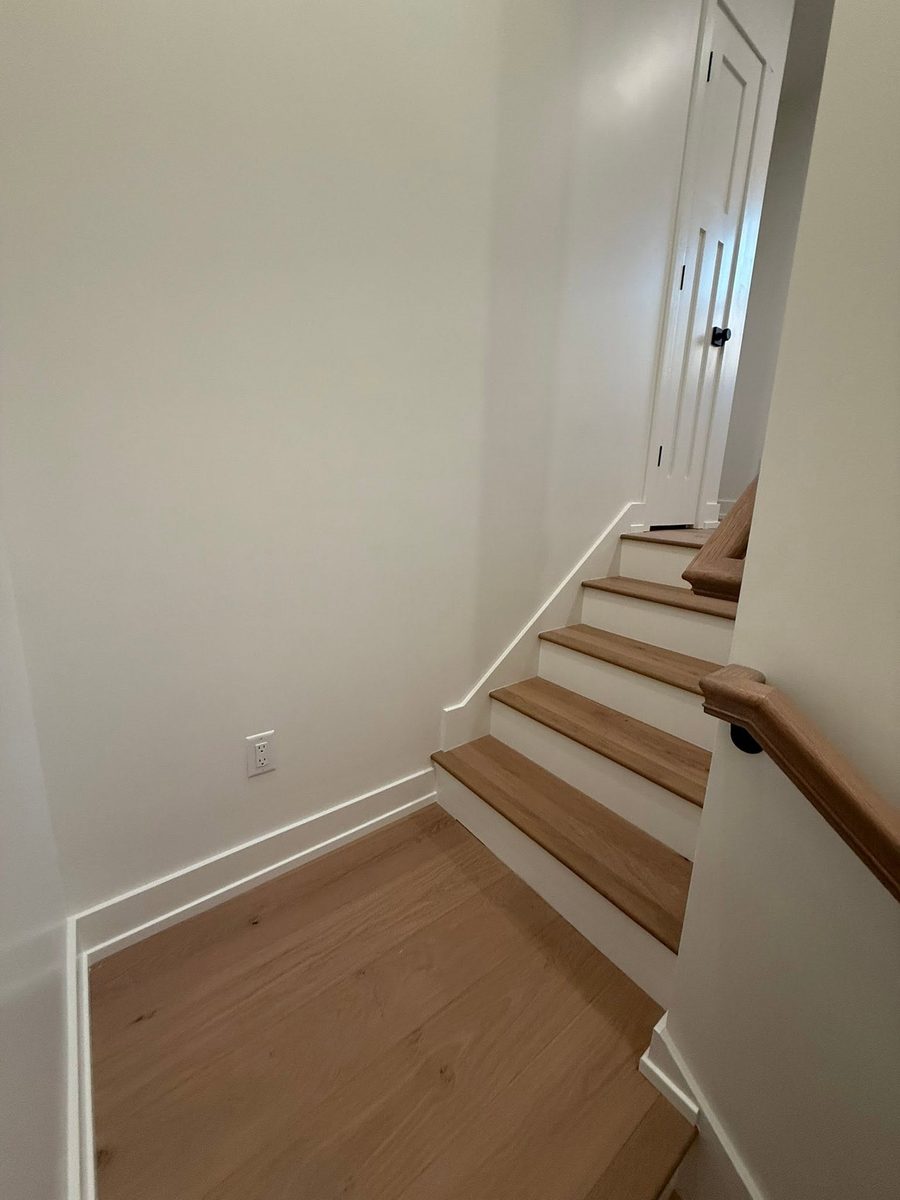 Wood stair treads and painted risers cleaned along with the baseboards and handrail