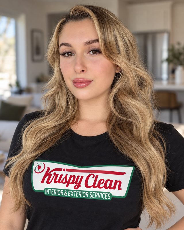 Kylee from Krispy Clean in a branded Krispy Clean t-shirt
